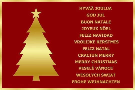 Felicitación de Navidad roja y dorada en varios idiomas
