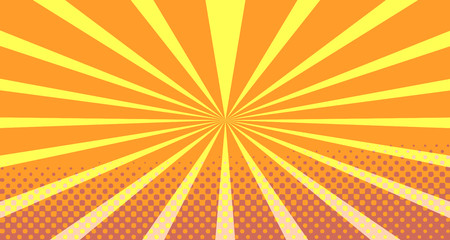 Fototapeta premium Vintage colorful comic book background. Orange blank bubbles of different shapes. Rays, radial, halftone, dotted effects. For sale banner empty Place for text 1960s. Copy space vector eps10.