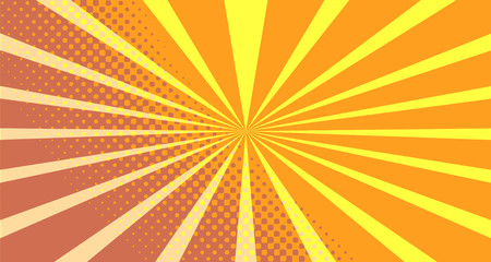 Vintage colorful comic book background. Orange blank bubbles of different shapes. Rays, radial, halftone, dotted effects. For sale banner empty Place for text 1960s. Copy space vector eps10.