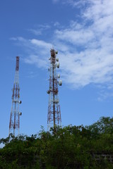 Microwave system.Wireless Communication Antenna With bright sky.Telecommunication tower with antennas.	