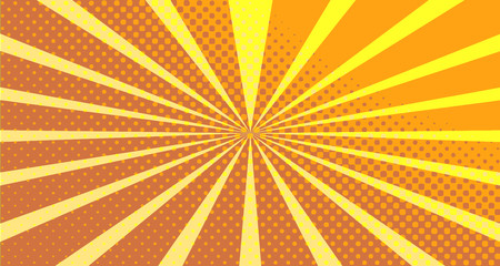 Vintage colorful comic book background. Orange blank bubbles of different shapes. Rays, radial, halftone, dotted effects. For sale banner empty Place for text 1960s. Copy space vector eps10.