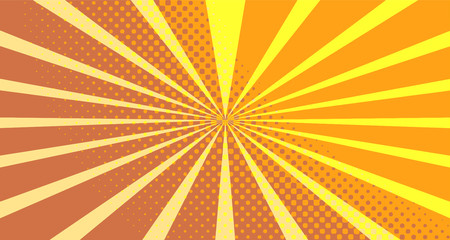 Vintage colorful comic book background. Orange blank bubbles of different shapes. Rays, radial, halftone, dotted effects. For sale banner empty Place for text 1960s. Copy space vector eps10.