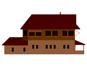 Two-storey cottage. Polygonal house isolated white background. Front view. 3D. Vector illustration