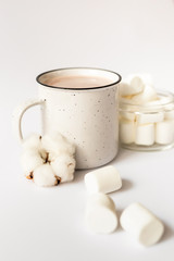 Fototapeta na wymiar Cup of hot flavored cocoa with marshmallows on a white background. Christmas composition with cocoa. Cozy home mood.