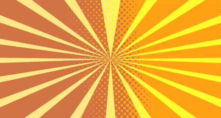 Vintage colorful comic book background. Orange blank bubbles of different shapes. Rays, radial, halftone, dotted effects. For sale banner empty Place for text 1960s. Copy space vector eps10.