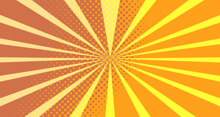 Vintage colorful comic book background. Orange blank bubbles of different shapes. Rays, radial, halftone, dotted effects. For sale banner empty Place for text 1960s. Copy space vector eps10.
