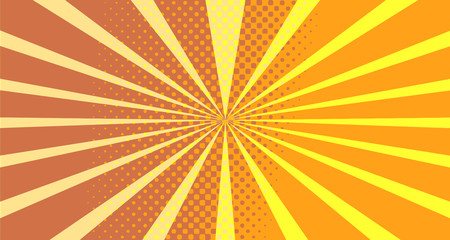 Fototapeta premium Vintage colorful comic book background. Orange blank bubbles of different shapes. Rays, radial, halftone, dotted effects. For sale banner empty Place for text 1960s. Copy space vector eps10.