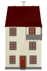 Residential three-story house. Flat style. Front view. Vector illustration