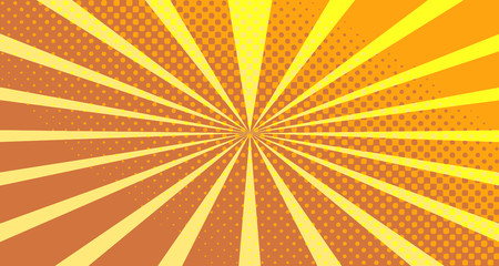 Vintage colorful comic book background. Orange blank bubbles of different shapes. Rays, radial, halftone, dotted effects. For sale banner empty Place for text 1960s. Copy space vector eps10.
