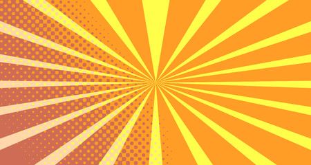 Vintage colorful comic book background. Orange blank bubbles of different shapes. Rays, radial, halftone, dotted effects. For sale banner empty Place for text 1960s. Copy space vector eps10.
