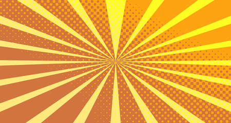 Fototapeta premium Vintage colorful comic book background. Orange blank bubbles of different shapes. Rays, radial, halftone, dotted effects. For sale banner empty Place for text 1960s. Copy space vector eps10.