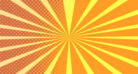 Vintage colorful comic book background. Orange blank bubbles of different shapes. Rays, radial, halftone, dotted effects. For sale banner empty Place for text 1960s. Copy space vector eps10.