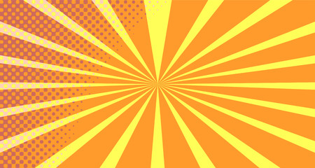 Vintage colorful comic book background. Orange blank bubbles of different shapes. Rays, radial, halftone, dotted effects. For sale banner empty Place for text 1960s. Copy space vector eps10.