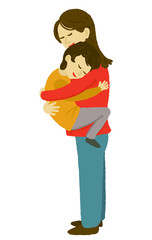 Mother and her cute little son are hugging and smiling. Mother's Day, Embracing, Love mom, Children of love, Son Hugging His Mother. Vector cartoon illustration. Raise self-reliant children.
