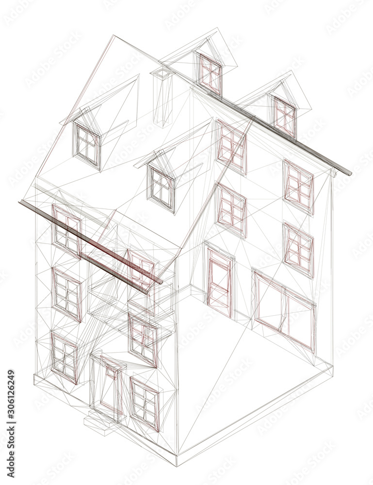 Poster wireframe of a three-story residential building. outline of a house project. view isometric. vector 