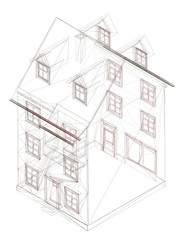 Wireframe of a three-story residential building. Outline of a house project. View isometric. Vector illustration