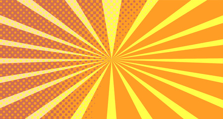 Vintage colorful comic book background. Orange blank bubbles of different shapes. Rays, radial, halftone, dotted effects. For sale banner empty Place for text 1960s. Copy space vector eps10.