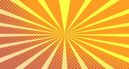 Fototapeta premium Vintage colorful comic book background. Orange blank bubbles of different shapes. Rays, radial, halftone, dotted effects. For sale banner empty Place for text 1960s. Copy space vector eps10.