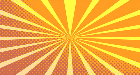 Vintage colorful comic book background. Orange blank bubbles of different shapes. Rays, radial, halftone, dotted effects. For sale banner empty Place for text 1960s. Copy space vector eps10.