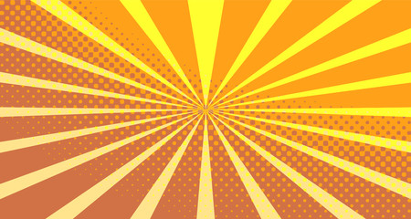 Vintage colorful comic book background. Orange blank bubbles of different shapes. Rays, radial, halftone, dotted effects. For sale banner empty Place for text 1960s. Copy space vector eps10.