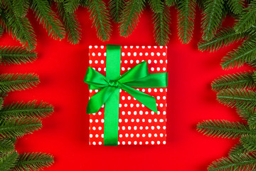 Top view of fir tree branches and gift box on colorful background. Christmas time concept with empty space for your design