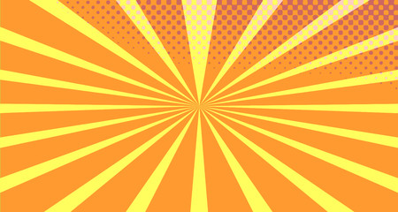 Vintage colorful comic book background. Orange blank bubbles of different shapes. Rays, radial, halftone, dotted effects. For sale banner empty Place for text 1960s. Copy space vector eps10.