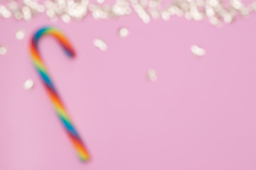 Blue Christmas decoration with candy and stars. Top view Merry Christmas and happy new year background.