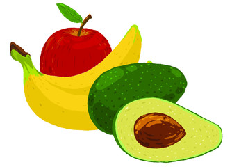 Apple, banana, avocado on white background. Winter fruits vector illustration.