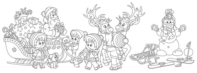 Festively decorated sleigh with magic reindeers of Santa Claus giving Christmas presents to happy and merry small children, black and white vector cartoon illustration for a coloring book page