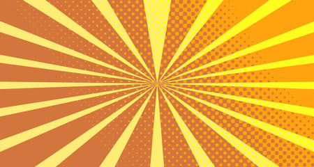Obraz premium Vintage colorful comic book background. Orange blank bubbles of different shapes. Rays, radial, halftone, dotted effects. For sale banner empty Place for text 1960s. Copy space vector eps10.