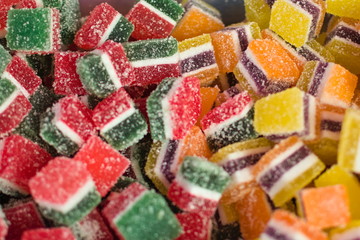 closeup of colorful fruit jellies on display