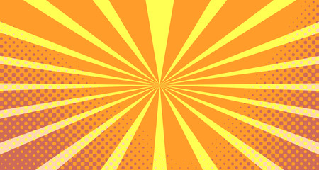 Fototapeta premium Vintage colorful comic book background. Orange blank bubbles of different shapes. Rays, radial, halftone, dotted effects. For sale banner empty Place for text 1960s. Copy space vector eps10.