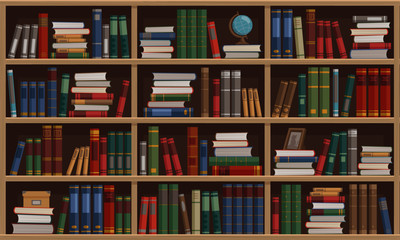本が並んでいる木製の本棚のベクターイラストレーション。図書館、書店、学校のイメージ。