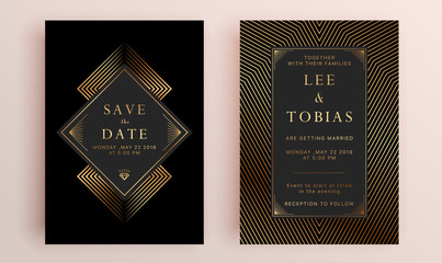 Beautiful set of wedding card templates. Gold collection of geometrical polyhedron, art deco style for wedding invitation, luxury templates, decorative patterns.
