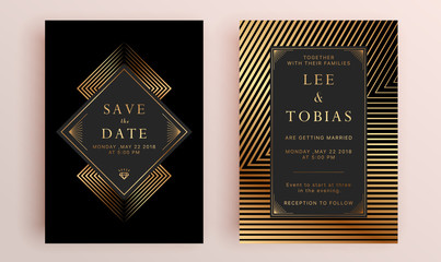 Beautiful set of wedding card templates. Gold collection of geometrical polyhedron, art deco style for wedding invitation, luxury templates, decorative patterns.