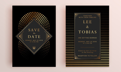 Beautiful set of wedding card templates. Gold collection of geometrical polyhedron, art deco style for wedding invitation, luxury templates, decorative patterns.