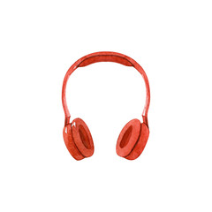Modern red wireless headphones isolated on white background, front view. Watercolor illustration, hand drawn clipart. Concept of music and fashion, sport.  Minimalism.