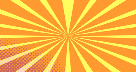 Vintage colorful comic book background. Orange blank bubbles of different shapes. Rays, radial, halftone, dotted effects. For sale banner empty Place for text 1960s. Copy space vector eps10.