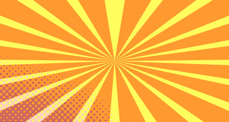 Vintage colorful comic book background. Orange blank bubbles of different shapes. Rays, radial, halftone, dotted effects. For sale banner empty Place for text 1960s. Copy space vector eps10.