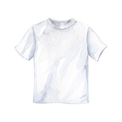 White t-shirt on isolated on white background, front view. Watercolor illustration, hand drawn clipart.