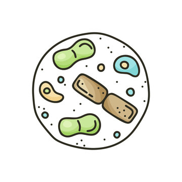 Doodle bacteria icon. Different types of microorganisms in circle. Cartoon illustration for biology, science, laboratory on white background. Hand drawn isolated vector image