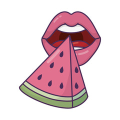 female lips and watermelon icon on white background