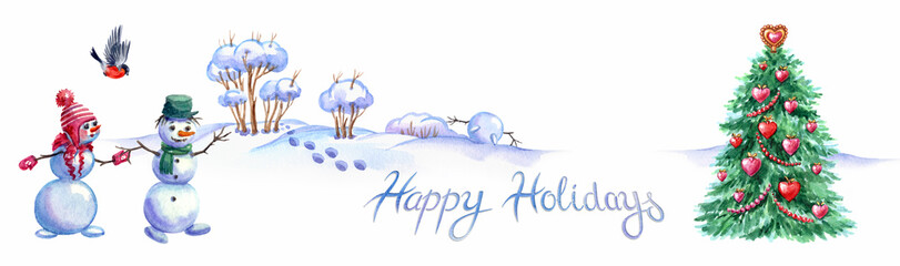 A pair of snowmen runs to the Christmas tree. decorated with hearts, the inscription "Happy Holidays", postcard, web banner, a poster for the New Year holidays, watercolor illustrations.