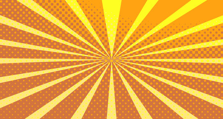 Vintage colorful comic book background. Orange blank bubbles of different shapes. Rays, radial, halftone, dotted effects. For sale banner empty Place for text 1960s. Copy space vector eps10.