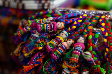 Fototapeta na wymiar Typical Guatemalan dolls colorful Worry Dolls in the market