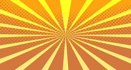 Vintage colorful comic book background. Orange blank bubbles of different shapes. Rays, radial, halftone, dotted effects. For sale banner empty Place for text 1960s. Copy space vector eps10.