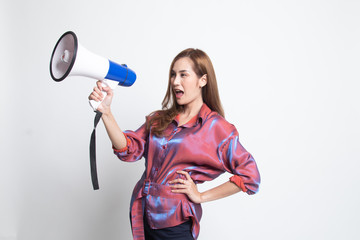 Beautiful young Asian woman announce with megaphone.