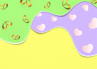 Bright abstract romantic background. Waves, many hearts and bows.