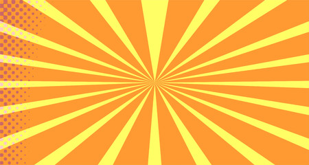 Fototapeta premium Vintage colorful comic book background. Orange blank bubbles of different shapes. Rays, radial, halftone, dotted effects. For sale banner empty Place for text 1960s. Copy space vector eps10.