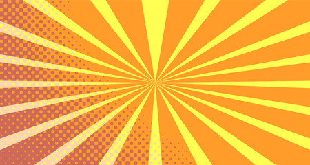 Vintage colorful comic book background. Orange blank bubbles of different shapes. Rays, radial, halftone, dotted effects. For sale banner empty Place for text 1960s. Copy space vector eps10.